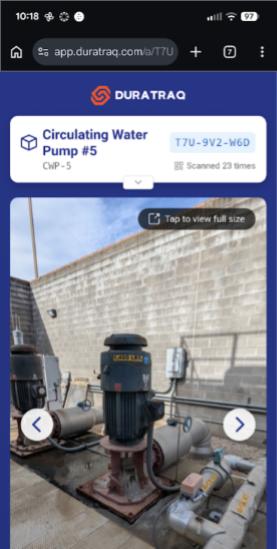 DuraTraq asset profile for Circulating Water Pump on phone