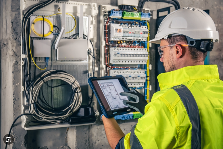 Technician accessing asset information on tablet at equipment