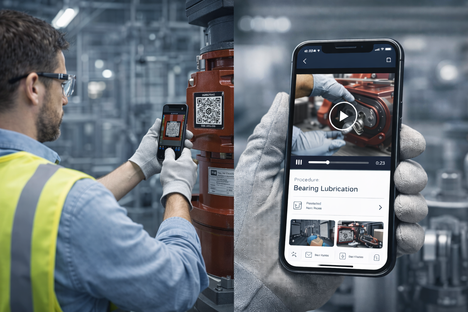 Technician scanning QR tag on industrial equipment with phone showing asset information