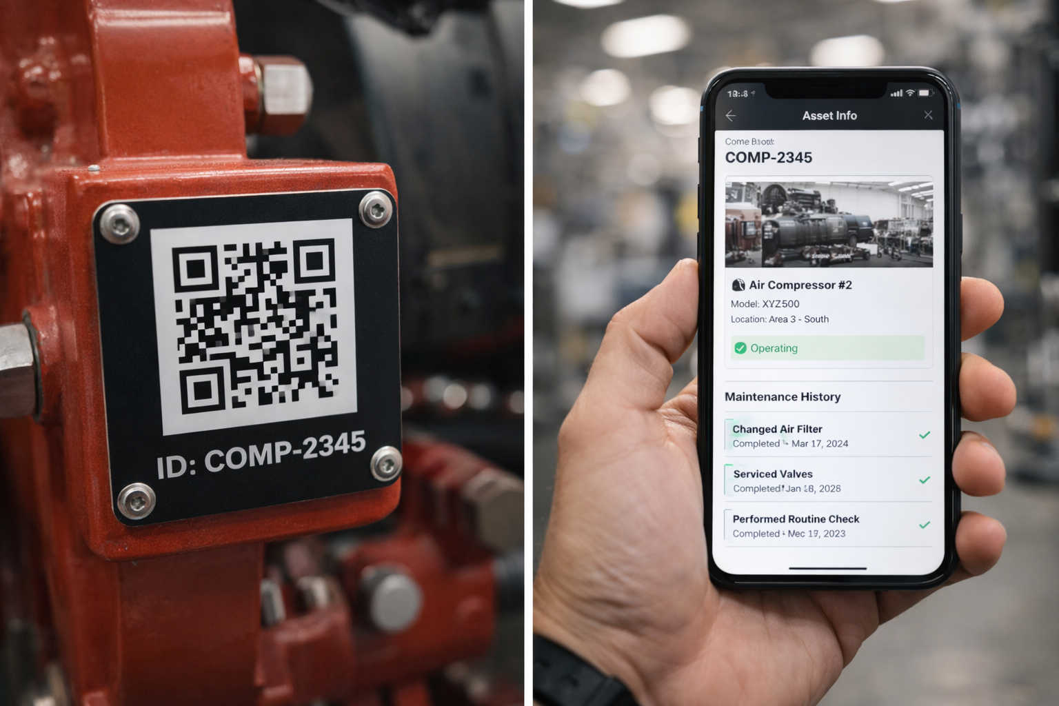 QR tag on industrial equipment and phone showing asset profile with maintenance history